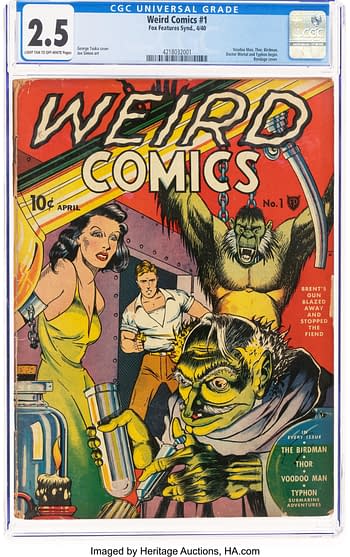 Cover of 'Weird Comics' #1 featuring a woman in a yellow dress, a man aiming a gun, and a creature with green skin and wild hair, all set against a colorful, dramatic backdrop.