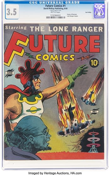 Future Comics #1 (David McKay Publications, 1940). A vintage comic book cover featuring vibrant illustrations, titled 'Future Comics #1' from David McKay Publishing. The cover depicts a superhero in a colorful costume launching missiles and a mysterious figure with glasses in the background.