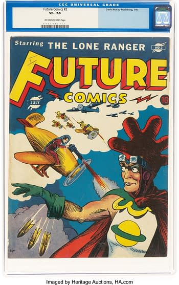 A vintage comic book cover featuring the title 'Future Comics' prominently displayed in bold letters. It depicts characters, including a hero in a colorful costume, engaged in a battle with flying machines in a dramatic sky.