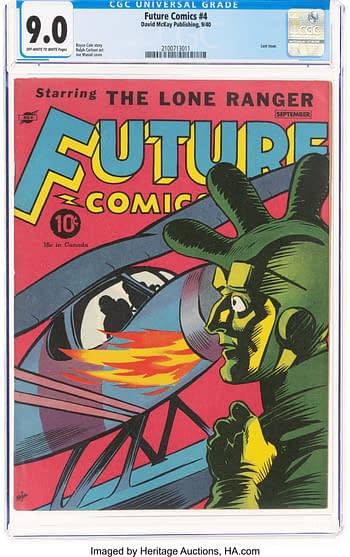 Future Comics #4 (David McKay Publications, 1940). A vintage comic book cover for 'Future Comics #4' featuring a colorful illustration of a man with a green head and rabbit ears, looking towards an airplane shooting flames. The title 'Future Comics' is prominently displayed in bold letters against a red background.