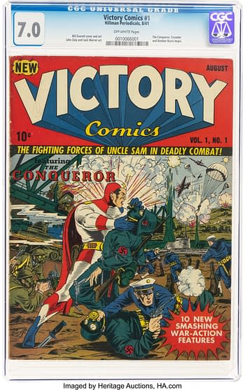 A vintage comic book cover from 'Victory Comics #1', featuring vibrant illustrations of soldiers in combat against enemy forces, prominently showcasing the character 'The Conqueror' in action. Published by Hillman Periodicals in August 1941.