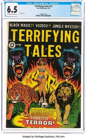 CGC-graded copy of Terrifying Tales #11 from Star Publications, featuring a lurid L.B. Cole horror cover with a woman surrounded by flaming jungle animals and bold yellow title text.
