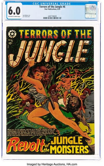 CGC slabbed comic book cover for Terrors of the Jungle #6, a 1953 Star Publications jungle-horror comic with a bold L.B. Cole cover showing a woman battling monsters in dense jungle foliage.