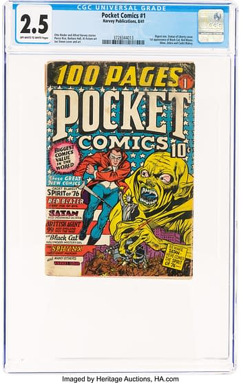 The cover of Pocket Comics #1, featuring bold comic art with a superhero character in a red jacket and blue pants alongside a green monstrous figure. The design includes colorful text and illustrations, emphasizing the comic's adventurous themes.