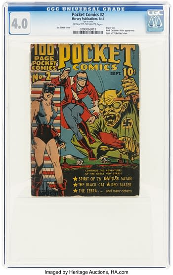 Cover of 'Pocket Comics #2' featuring vibrant illustrations of superheroes, including a character in a mask and a woman in a red suit, alongside a sinister figure with a menacing expression. The comic is labeled with its title, issue number, and a price of 10 cents.