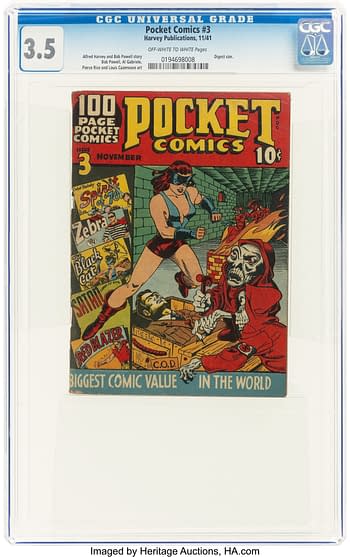 A colorful comic book cover for 'Pocket Comics #3' from November 1941, featuring a female superhero fighting a skeleton-like villain in a dark setting. The cover includes various comic titles and claims to have the 'biggest comic value in the world.'