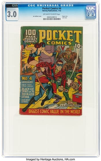 Cover artwork of "Pocket Comics #4" from Harvey Publications, featuring several comic book heroes including Black Cat, Red Blazer, and others in an action scene against villains. The cover includes vibrant colors and bold text indicating its content and price.