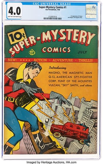 A colorful comic book cover featuring the title 'Super-Mystery Comics #1' with bold letters. The illustration shows a superhero, Magno, using his magnetic powers as he lifts a red vehicle above city buildings.