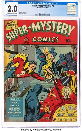 A vintage comic book cover featuring Super-Mystery Comics #2 from August 1940. The artwork depicts a superhero, Magno the Magnetic Man, saving a woman from menacing figures, showcasing bright colors and dynamic action scenes.
