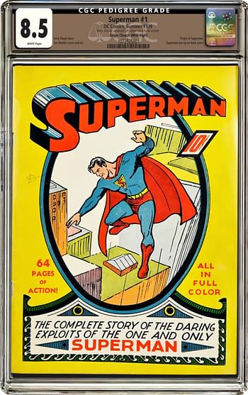 A comic book cover featuring Superman on the edge of a building, with a bright yellow background. The comic is titled 'Superman #1' and indicates it contains 64 pages of action.