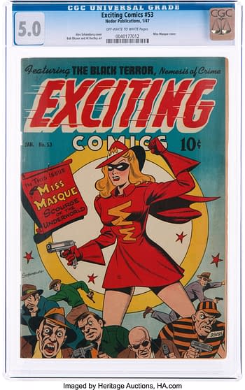 Exciting Comics #53 (Nedor Publications, 1947) featuring Miss Masque cover by Alex Schomburg.