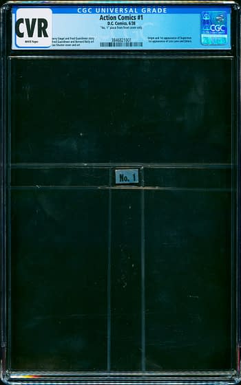 CGC graded holder displaying the front of Action Comics #1, featuring a blue label with the title and grading information. A small 'No. 1' label is visible at the bottom.