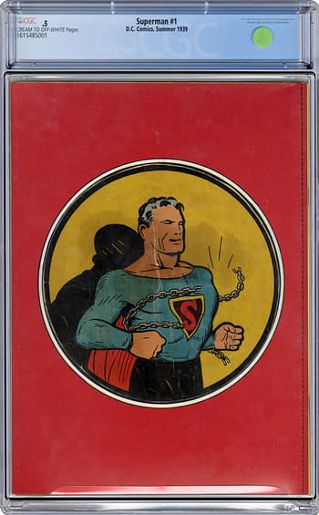 Superman #1 back cover: A vintage comic book cover featuring Superman standing confidently with chains dangling from his arms, against a bright red background. The iconic 'S' logo is prominently displayed on his chest.