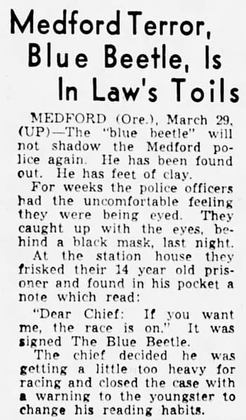 A 14-year-old Blue Beetle comes to an agreement with local police. Clipping from The Sacramento Bee via Newspapers.com