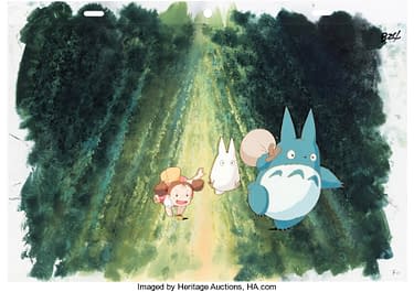 Sold at Auction: STUDIO GHIBLI - HAYAO MIYAZAKI - TOTORO (1989) Celluloid  original de production du film d'animation « Mon voisin Totoro »  representant l'héroïne Mei sur une reproduction de décor. 24 x 37 cm.