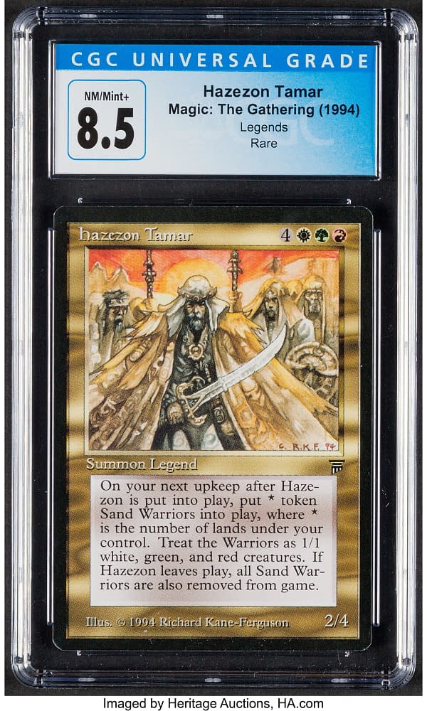 The front face of the graded English copy of Hazezon Tamar, a card from Legends, a set for Magic: The Gathering. Currently available at auction on Heritage Auctions' website.