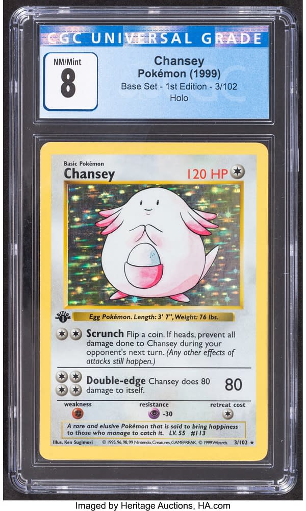 The front face of the 1st Edition shadowless Base Set copy of Chansey from the Pokémon TCG. Currently available on auction at Heritage Auctions' website.