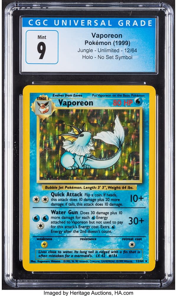 The front face of the "no set symbol" copy of Vaporeon from the Jungle expansion set of the Pokémon TCG. Currently available at auction on Heritage Auctions' website.