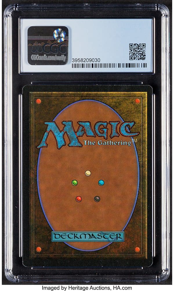 The back face of the graded English copy of Hazezon Tamar, a card from Legends, a set for Magic: The Gathering. Currently available at auction on Heritage Auctions' website.