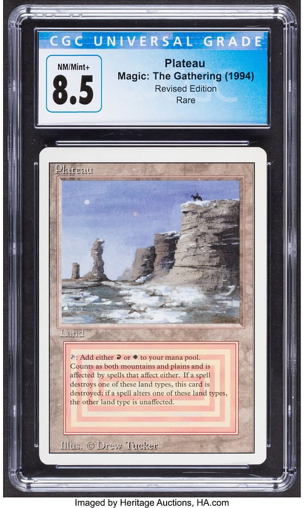 The front face of the graded copy of Plateau from Magic: The Gathering's Revised set. Currently available at auction on Heritage Auctions' website.