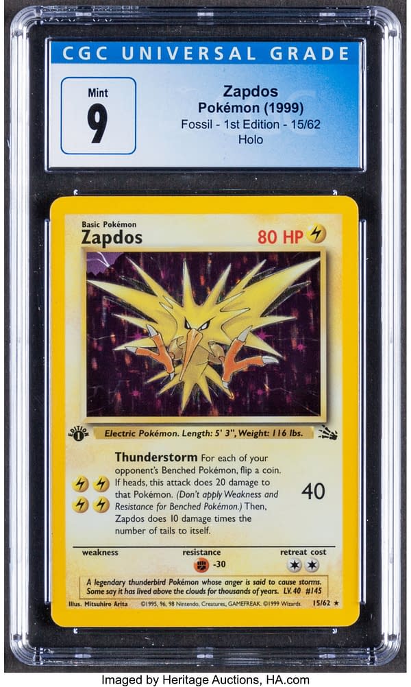 The front face of the graded copy of Zapdos from Fossil, an expansion for the Pokémon TCG. Currently available at auction on Heritage Auctions' website.