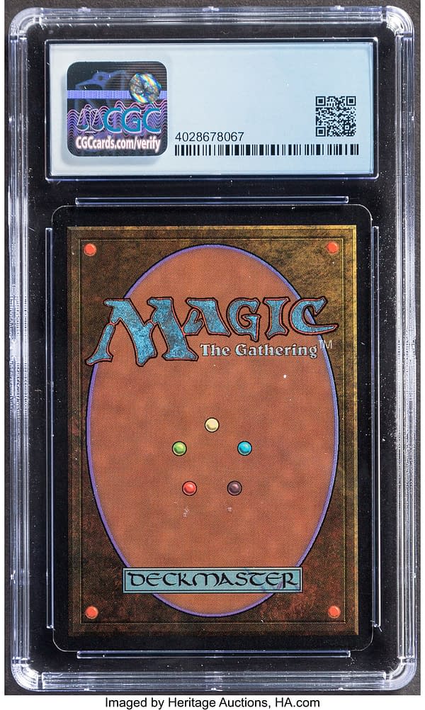 The back face of the graded copy of Lightning Bolt, a card from Limited Edition Beta, an older core set for Magic: The Gathering. Currently available at auction on Heritage Auctions' website.