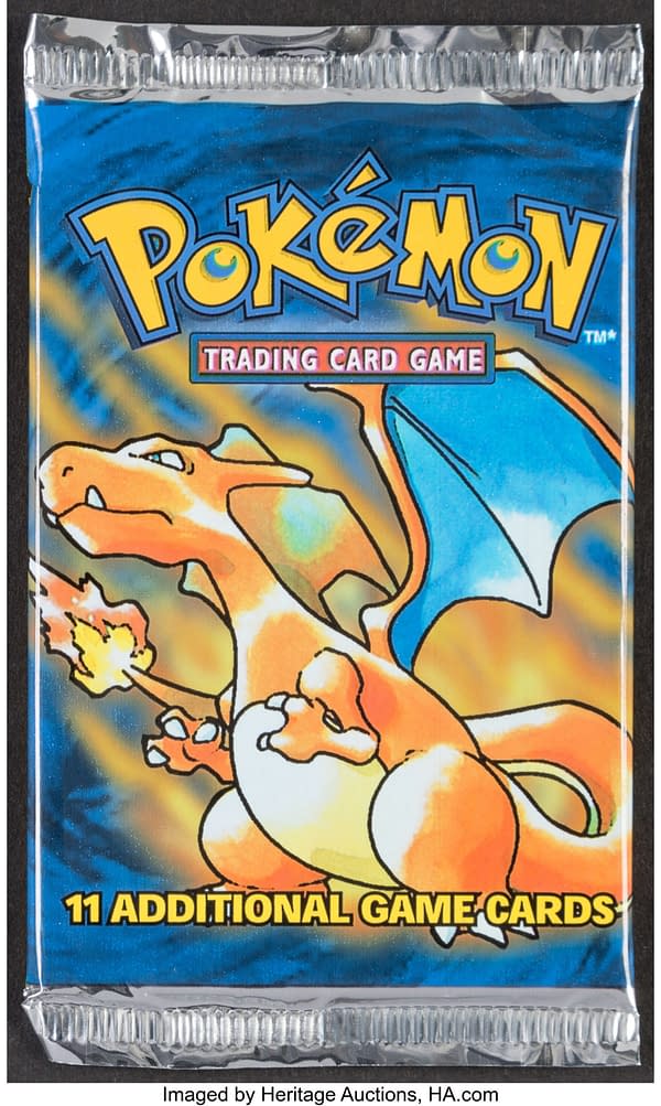 An example of one of the possible booster packs available in this box break. The Pokémon TCG Base Set Unlimited booster box is sealed, so please note that this style of pack is not guaranteed. Currently being conducted by Heritage Auctions.