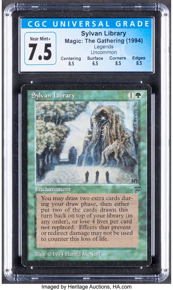 The front face of Sylvan Library, a green enchantment card from Legends, an expansion set for Magic: The Gathering. Currently available at auction on Heritage Auctions' website.