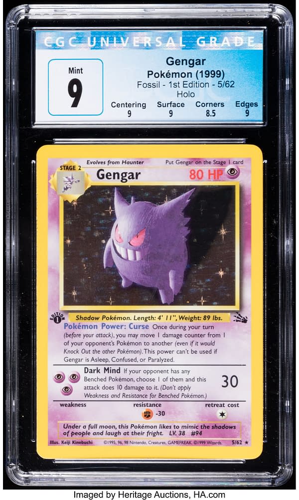 The front face of the graded, 1st Edition copy of Gengar from the Fossil expansion of the Pokémon TCG. Currently available at auction on Heritage Auctions' website.