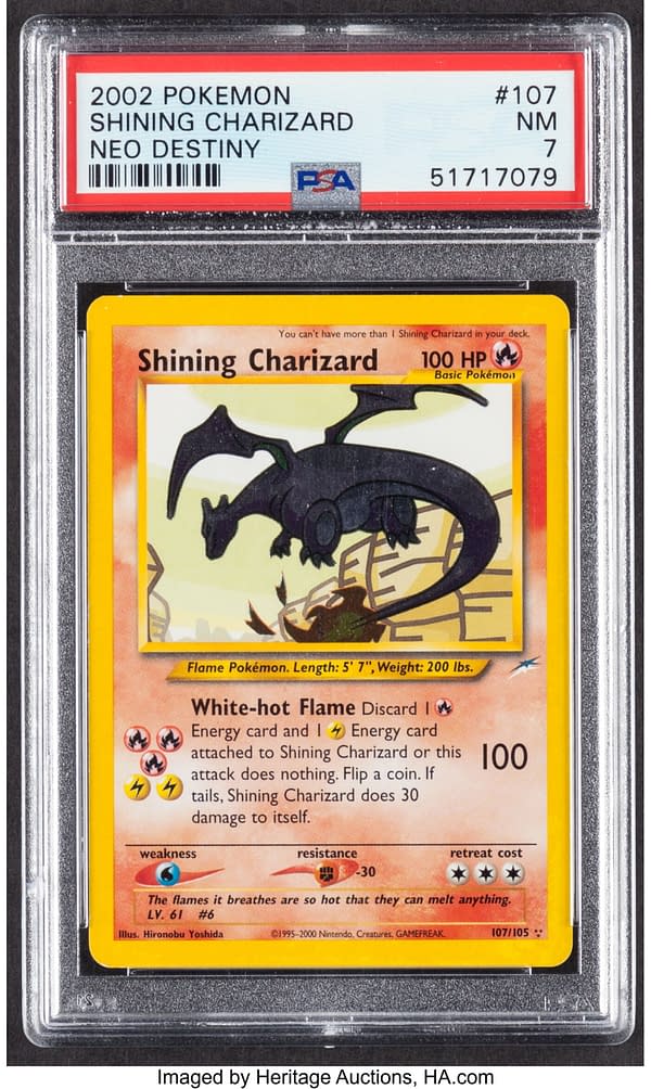 The front face of the Shining Charizard card from Neo Destiny, a set from the Pokémon TCG. Currently available at auction on Heritage Auctions' website.