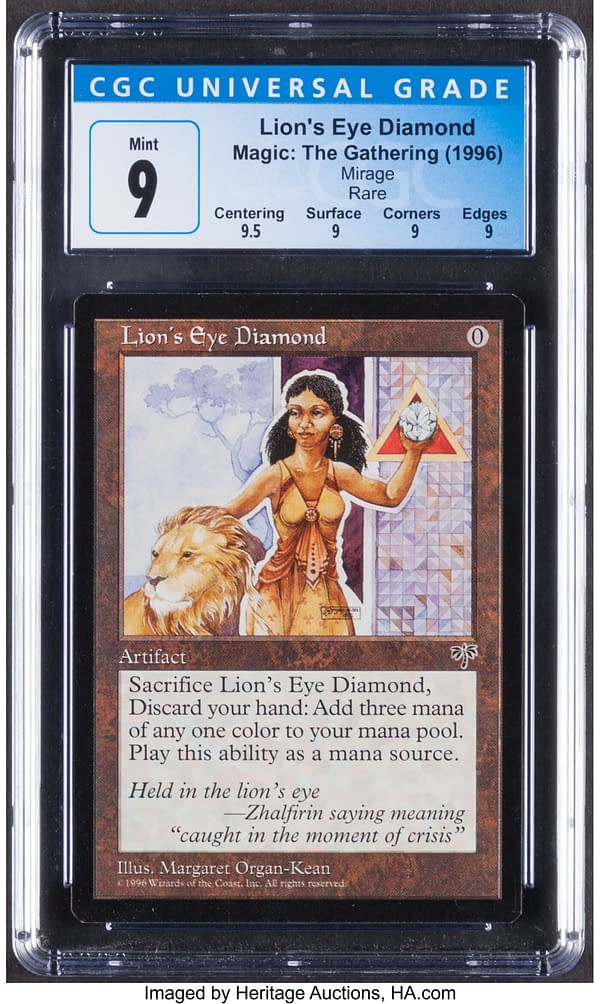The front face of Lion's Eye Diamond, a card from Mirage, an expansion set for Magic: The Gathering from 1996. Currently available at auction on Heritage Auctions' website.