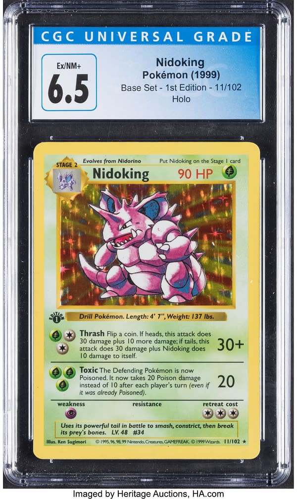 The front face of the 1st Edition copy of Nidoking from the Base Set of the Pokémon TCG. Currently available at auction on Heritage Auctions' website.