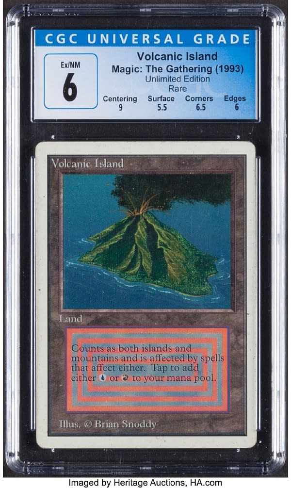 The front face of the graded copy of Volcanic Island from Unlimited Edition, one of the oldest core sets for Magic: The Gathering. Currently available at auction on Heritage Auctions' website.