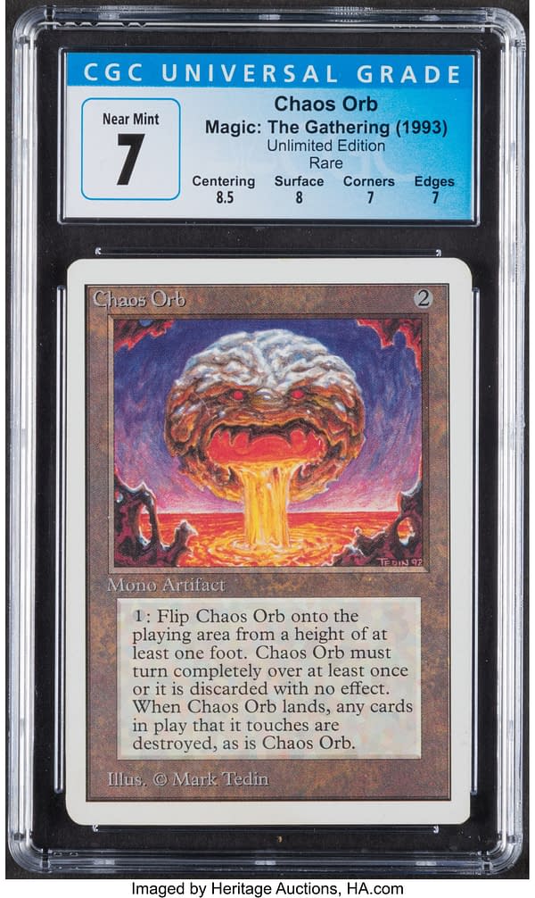 The front face of the graded copy of Chaos Orb from Unlimited Edition, one of the first core sets for Magic: The Gathering. Currently available at auction on Heritage Auctions' website.