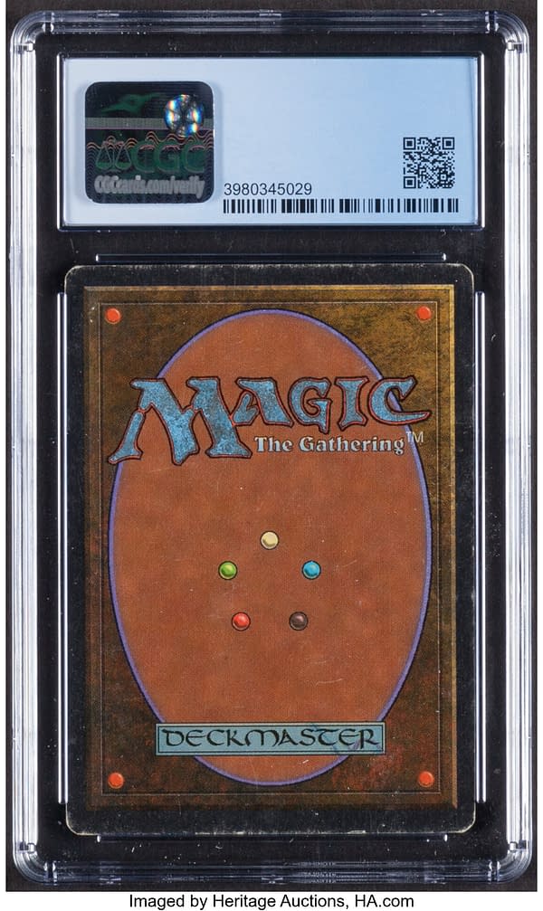 The back face of the graded copy of Volcanic Island from Unlimited Edition, one of the oldest core sets for Magic: The Gathering. Currently available at auction on Heritage Auctions' website.
