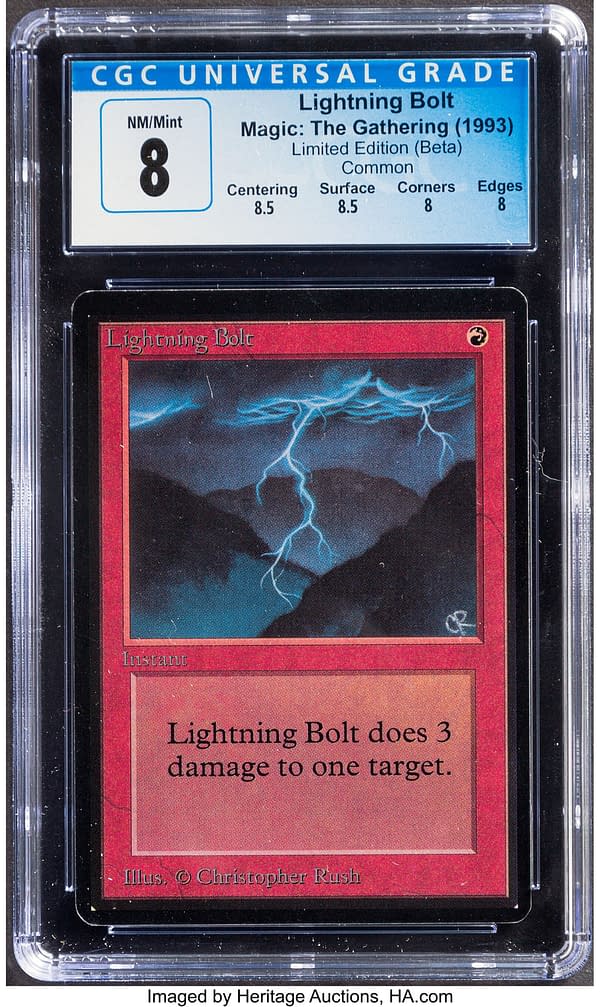 The front face of the graded copy of Lightning Bolt, a card from Limited Edition Beta, an older core set for Magic: The Gathering. Currently available at auction on Heritage Auctions' website.