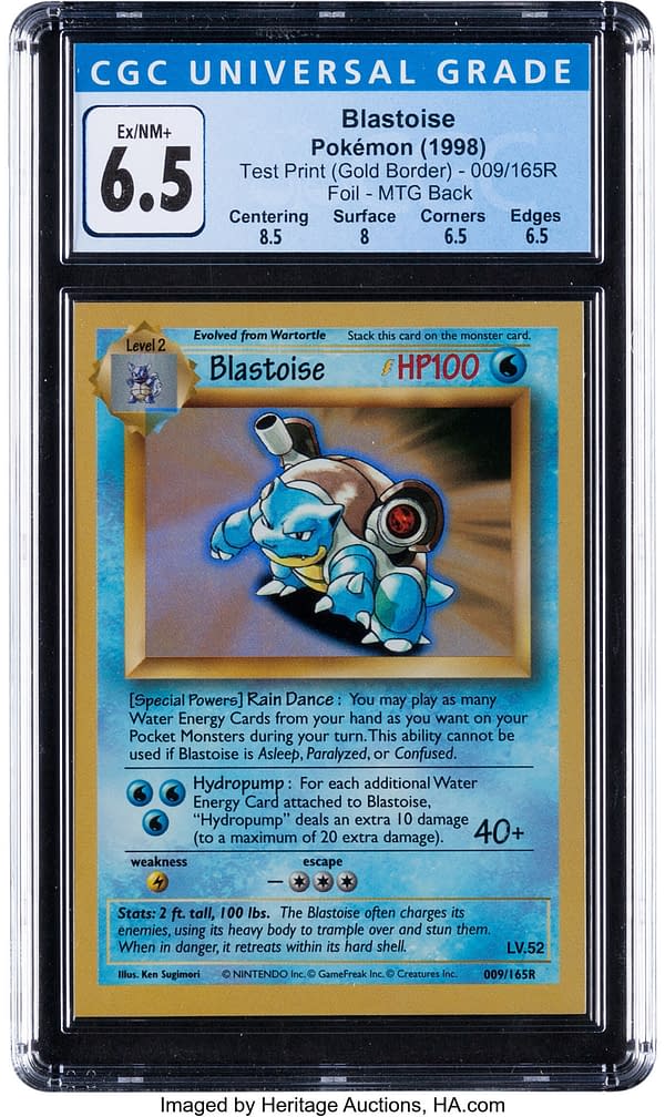 The front face of the test print copy of Blastoise from the Pokémon TCG that's currently up for auction at Heritage Auctions. This card uses the art also used on the box for Pokémon Blue Version.
