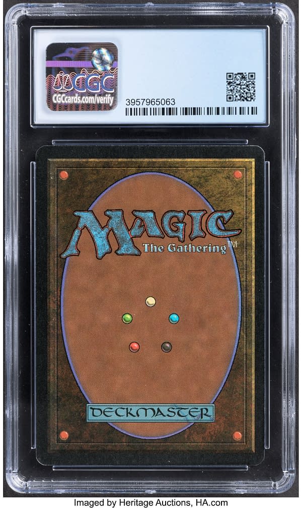 The back face of Hazezon Tamar, a legendary creature card from Legends, an expansion set for Magic: The Gathering from 1994. Currently available at auction on Heritage Auctions' website.