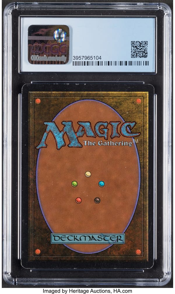 The back face of the graded copy of Shivan Dragon from the Unlimited Edition set of Magic: The Gathering. Currently available at auction on Heritage Auctions' website.