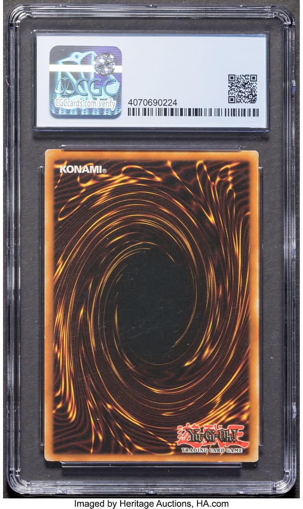 The back face of the graded Ultra Rare copy of Thousand-Eyes Restrict from Pharaoh's Servant, an expansion set for the Yu-Gi-Oh! trading card game. Currently available at auction on Heritage Auctions' website.