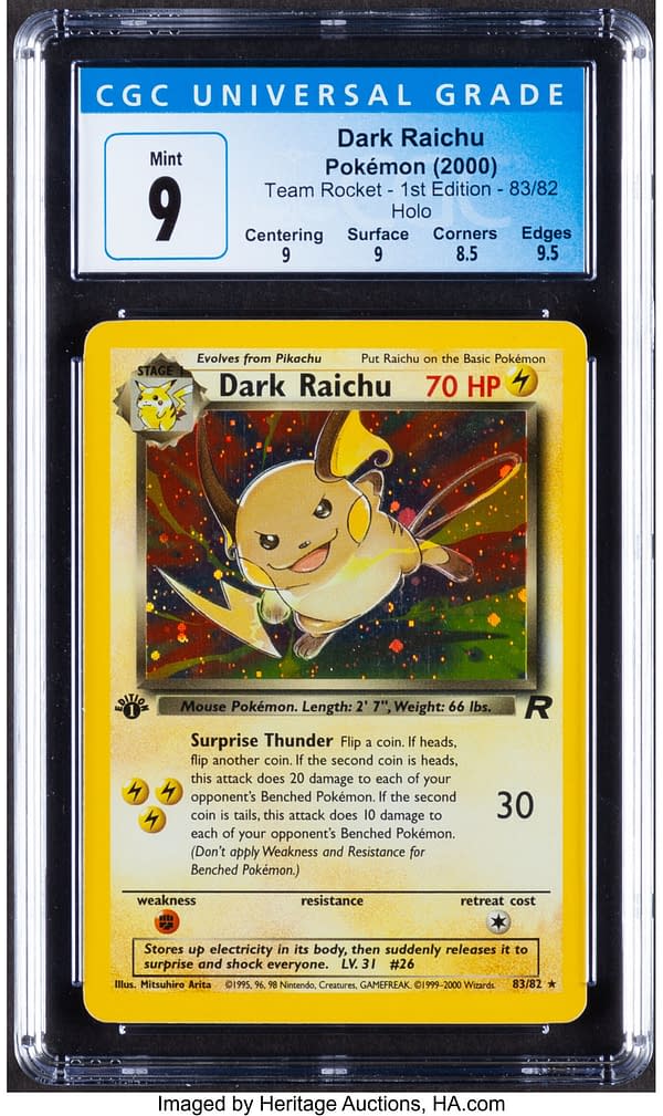 The front face of Dark Raichu, a card from the Rocket expansion of the Pokémon TCG. Currently available at auction on Heritage Auctions' website.