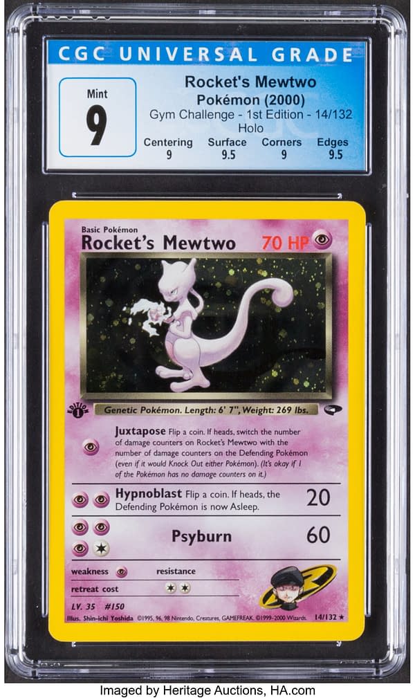 The front face of the graded copy of Rocket's Mewtwo, a card from Gym Challenge, a set for the Pokémon TCG. Currently available at auction on Heritage Auctions' website.
