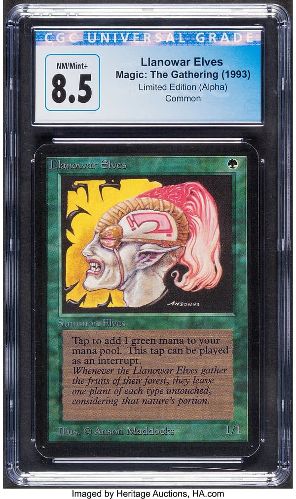 The front face of the graded copy of Llanowar Elves, a card from Limited Edition Alpha, the first-ever set for Magic: The Gathering. Currently available at auction on Heritage Auctions' website.