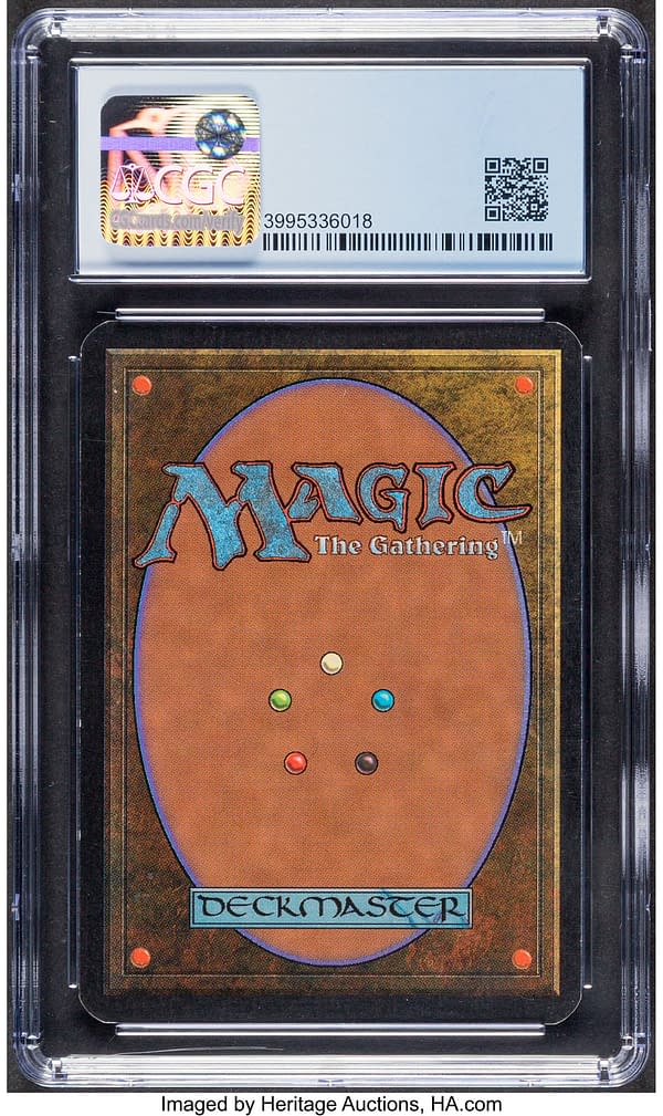 The back face of the graded copy of Llanowar Elves, a card from Limited Edition Alpha, the first-ever set for Magic: The Gathering. Currently available at auction on Heritage Auctions' website.