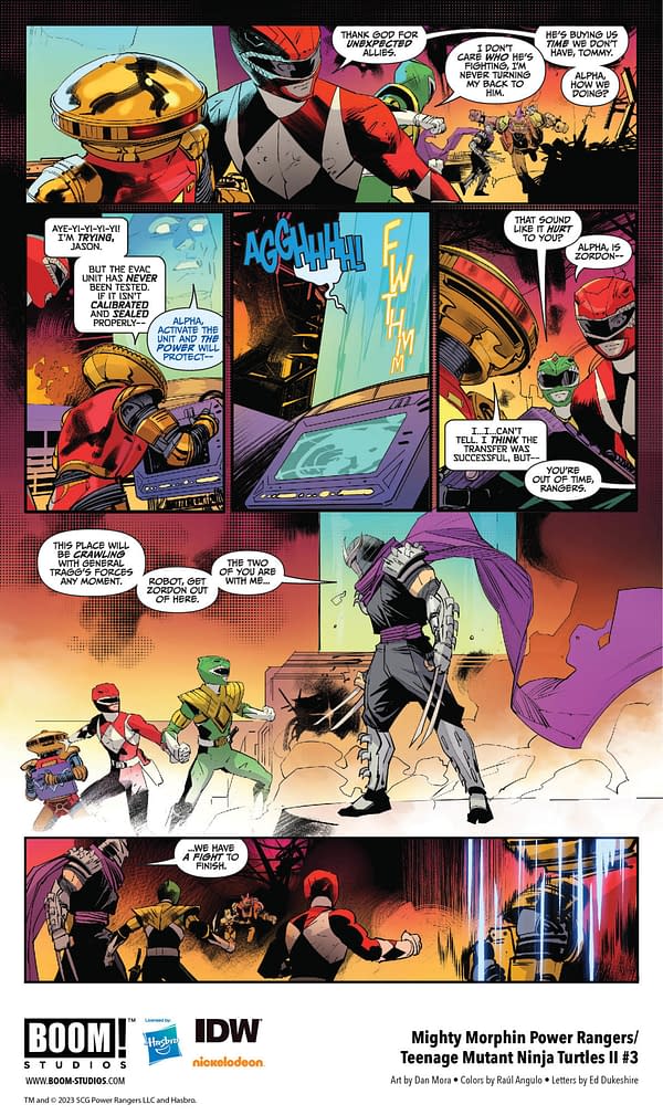 Interior page from DEC220383 Power Rangers/Teenage Mutant Ninja Turtles II #3, by (W) Ryan Parrott (A / CA) Dan Mora, in stores Wednesday, February 22, 2023 from BOOM! STUDIOS