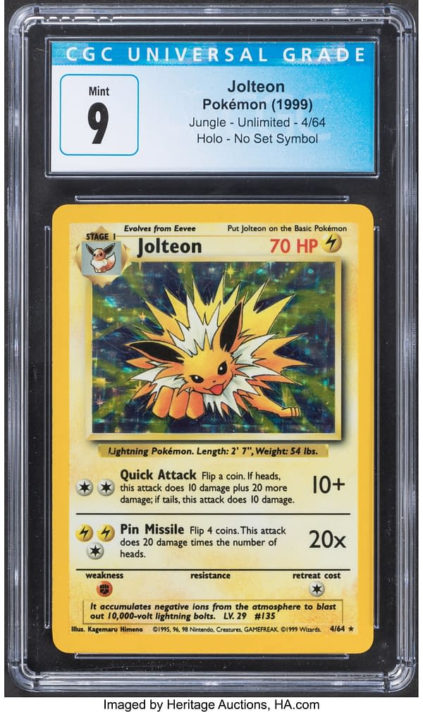 The front face of the no-set-symbol misprinted copy of Jolteon from the Jungle expansion of the Pokémon TCG. Currently available at auction on Heritage Auctions' website.
