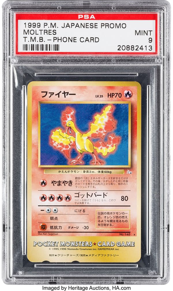 The front face of the mint-graded Tropical Mega Battle Moltres phone card prize from the Pokémon Trading Card Game. This gem of a card is up for auction at Heritage Auctions.