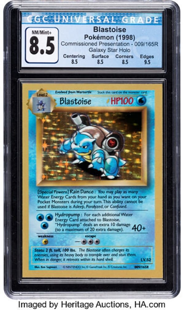 The one-of-a-kind, blank-backed Blastoise Holofoil "presentation" test print, used by Wizards of the Coast to showcase their new Pokémon card game, and auctioned for a record price at Heritage Auctions.