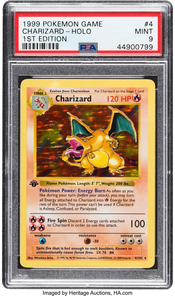 The grade 9 Mint-graded First Edition Base Set Charizard on auction now at Heritage Auctions. From the Pokémon Trading Card Game.