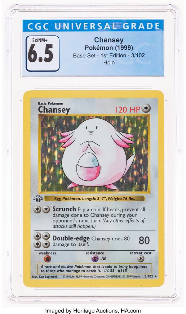 The front face of the 1st Edition Base Set Chansey card from the Pokémon TCG that's currently available at auction on Heritage Auctions' website.